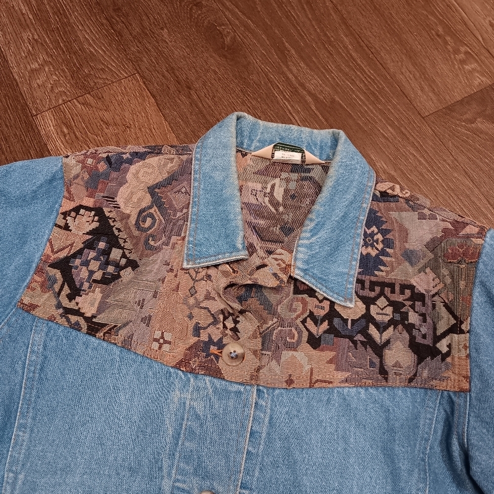 Vintage 1990s LL Bean Floral Geometric Pattern Denim Jacket Unisex Sx S - Picture 2 of 6